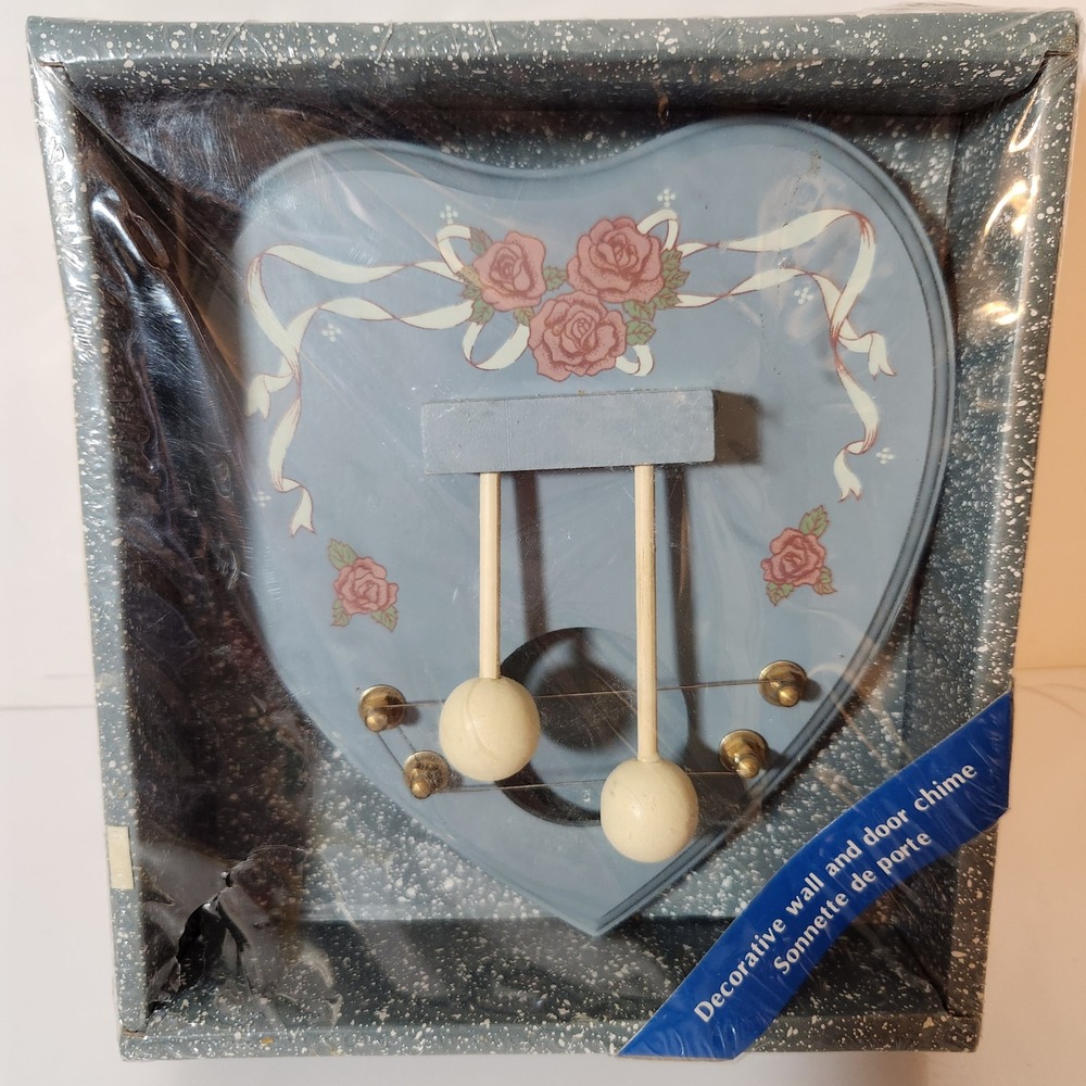 Vintage Wooden Heart Door Chime Wall Decor Blue Pink Roses Cottagecore New